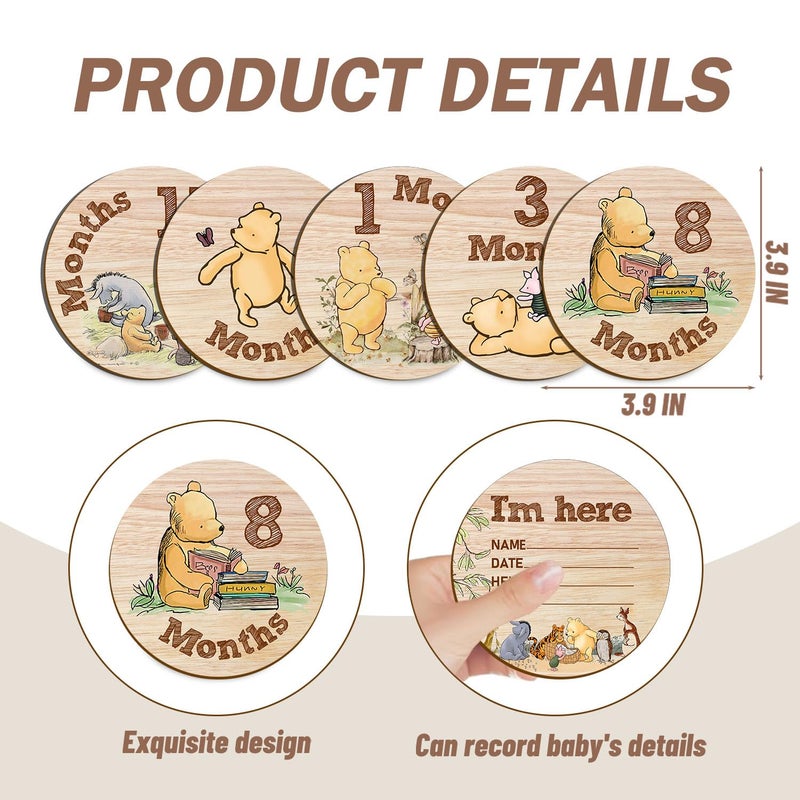 Hatzelou 7Pcs Baby Monthly Milestone Circles, Winnie Baby Stuff, Double-Sided Printing Months Baby Milestone Wooden Keepsake, Milestone Wooden Circles Stuff for for Documenting Growth - Image 2